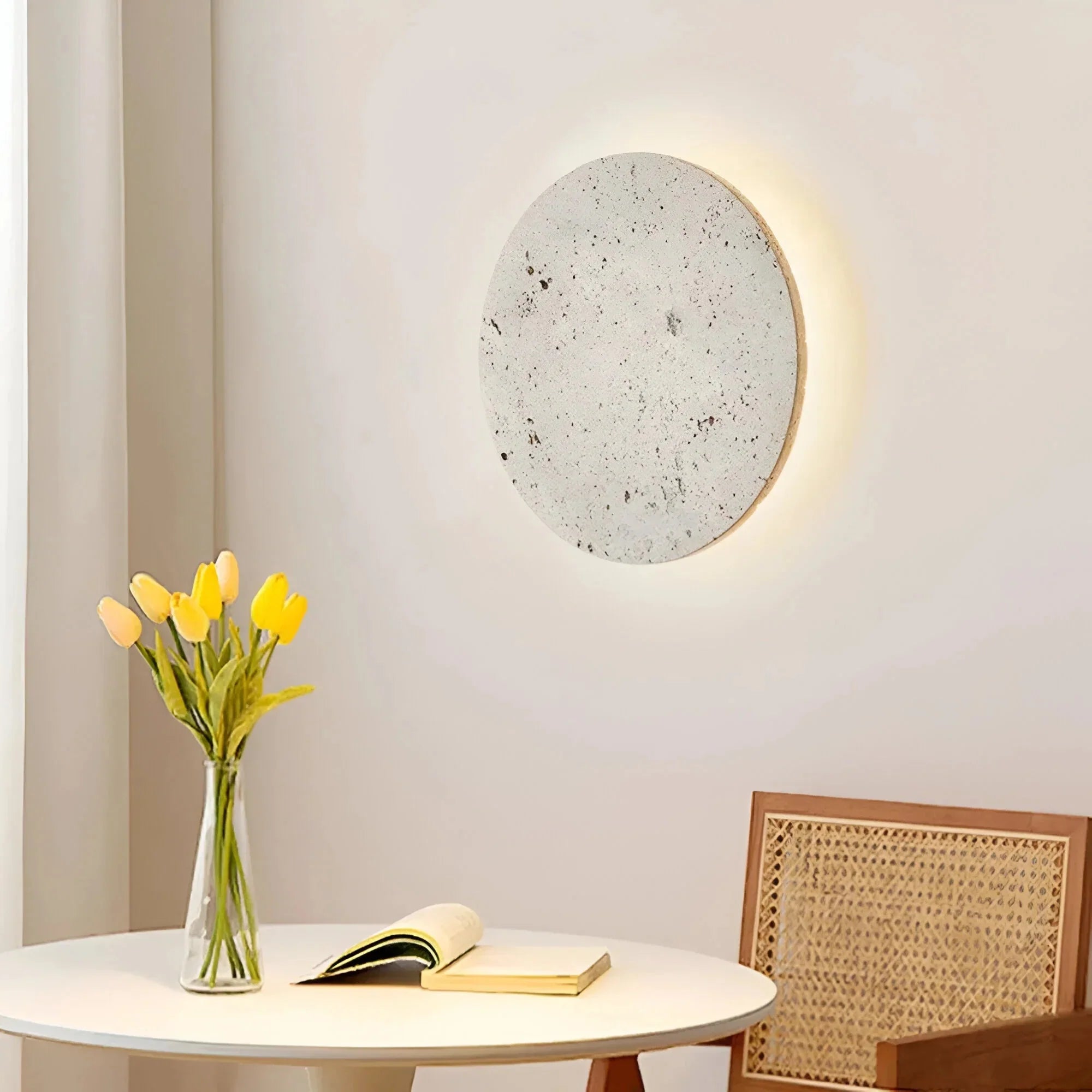 Stone Wall Lamp Round Travertine Backlit LED Minimalist Indoor Sconce Wall Light