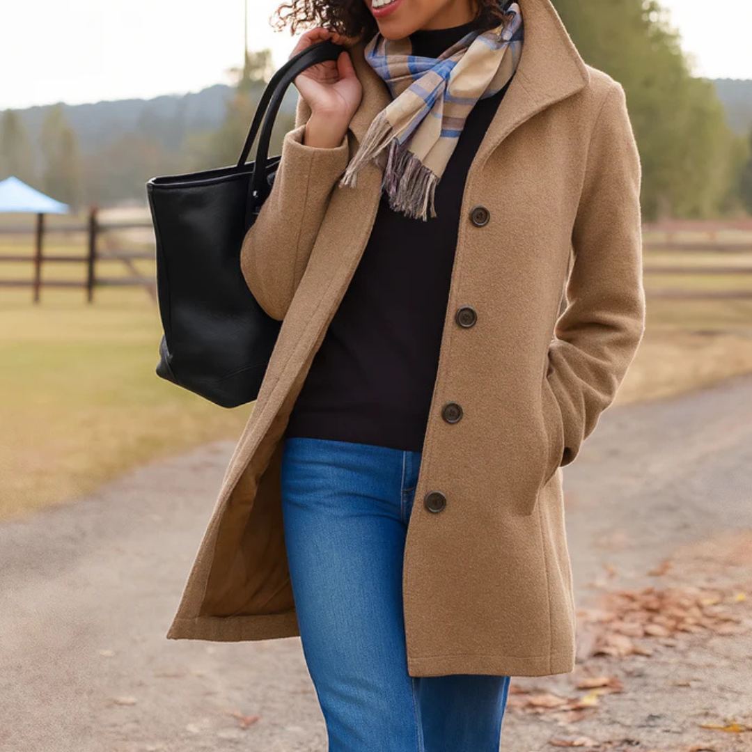 Elegant Wool Winter Coat for Women with Notch Collar Long Sleeve Button Front Tailored Style