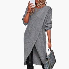 Cozy Grey Sweater Dress for Women with Crew Neck Long Sleeve Knit Wrap Front Tunic Style