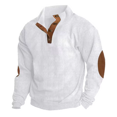 Cozy Ribbed Knit Button Sweater for Men with Stand Collar Long Sleeve Elbow Patch Pullover Style
