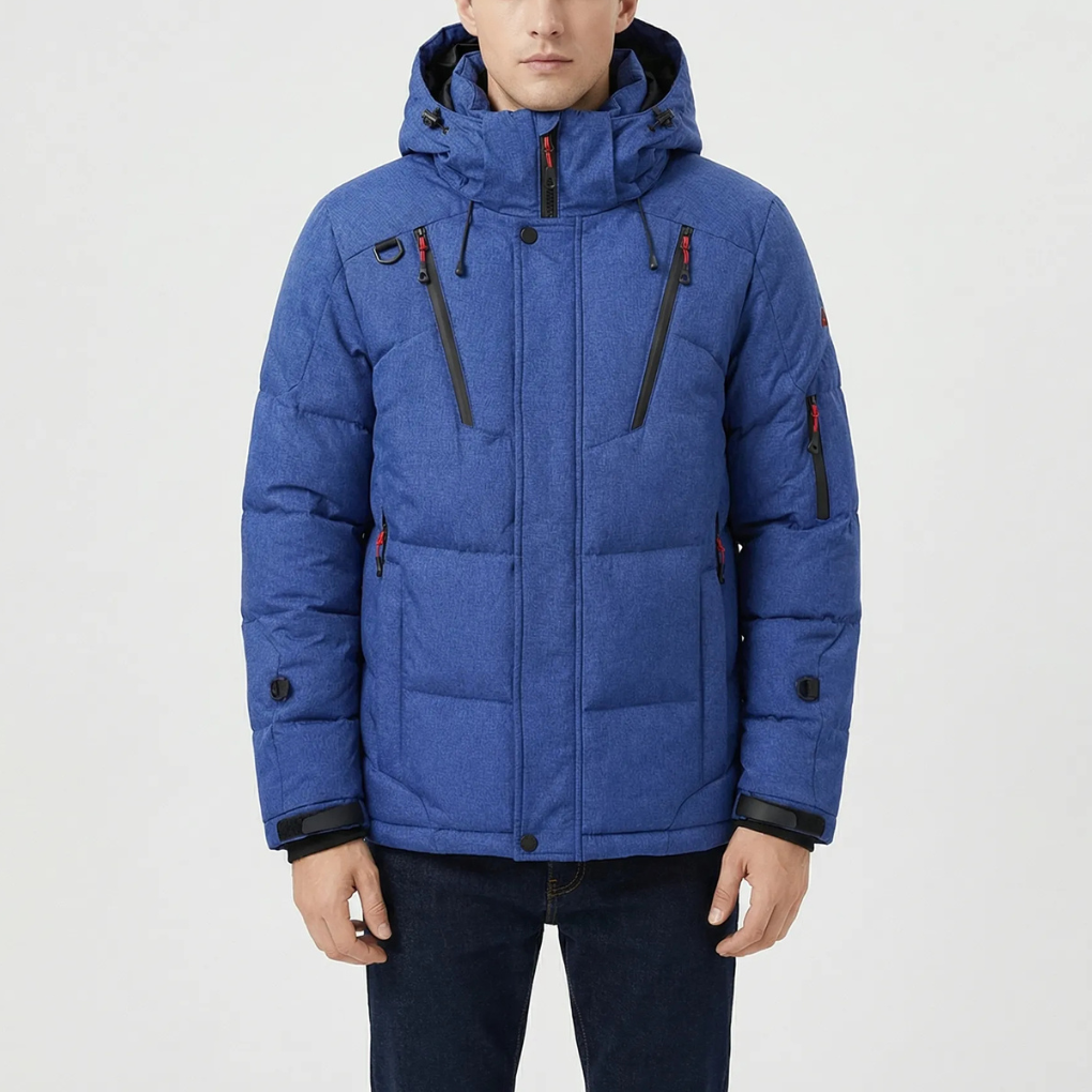 Cozy Puffer Jacket for Men with Hooded Collar Long Sleeve Zip Up Quilted Padded Winter Style