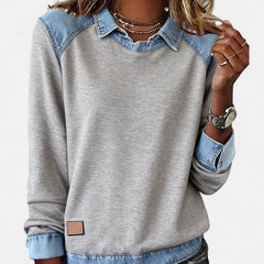 Effortless Denim Patchwork Sweatshirt for Women with Collared Raglan Long Sleeve Relaxed Casual Style