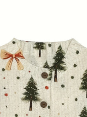 Comfortable Bow Print Christmas Sweater for Women with V Neck Long Sleeve Button Front Relaxed Knit Style
