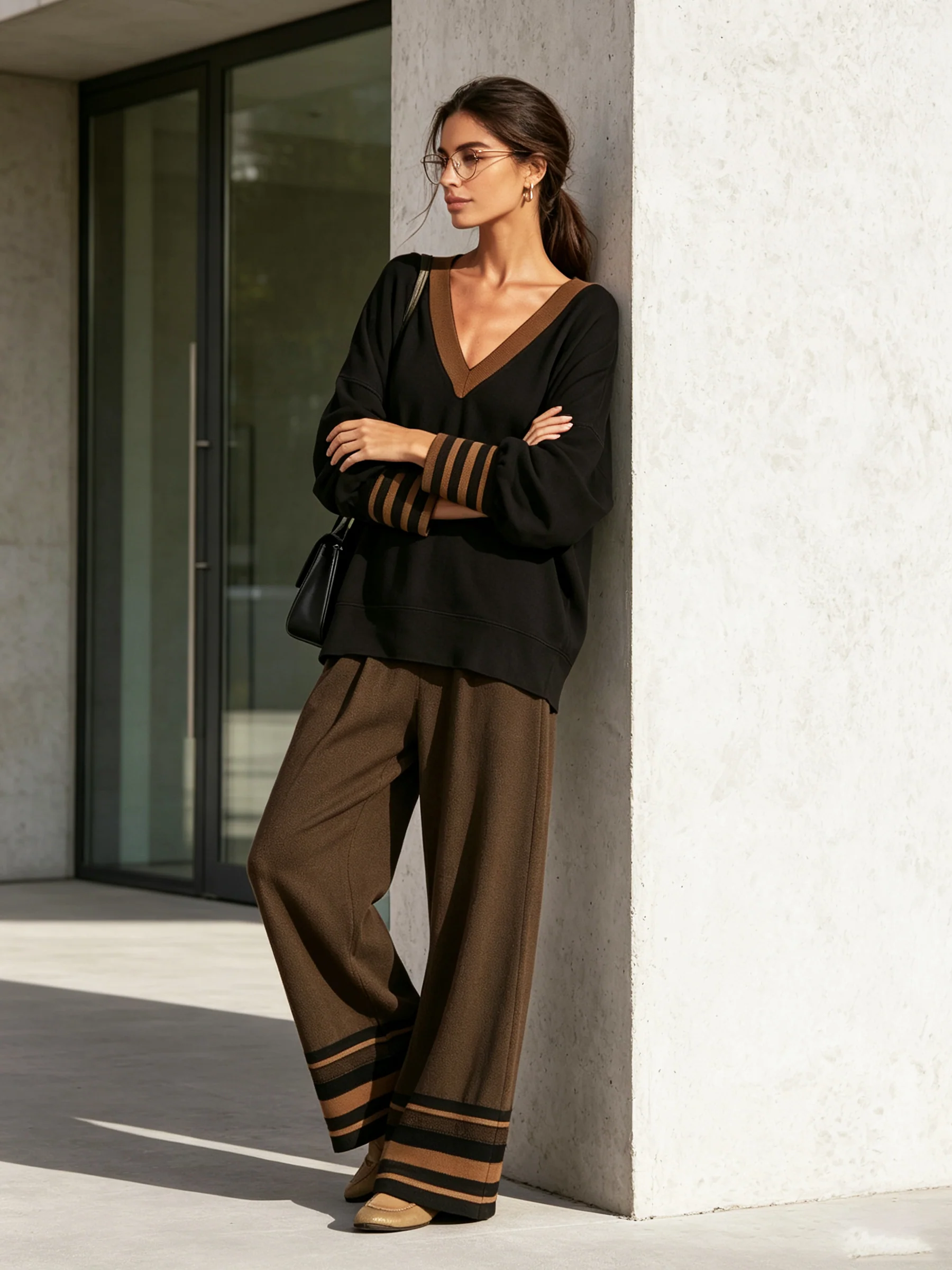 Chic Two Piece Set for Women with V Neck Loose Top Brown Wide Leg Pants Relaxed Lounge Style