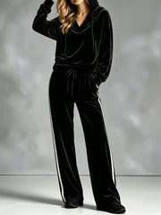 Cozy Velvet Sweatsuit for Women with Cowl Neck Long Sleeve Drawstring Side Stripe Relaxed Style