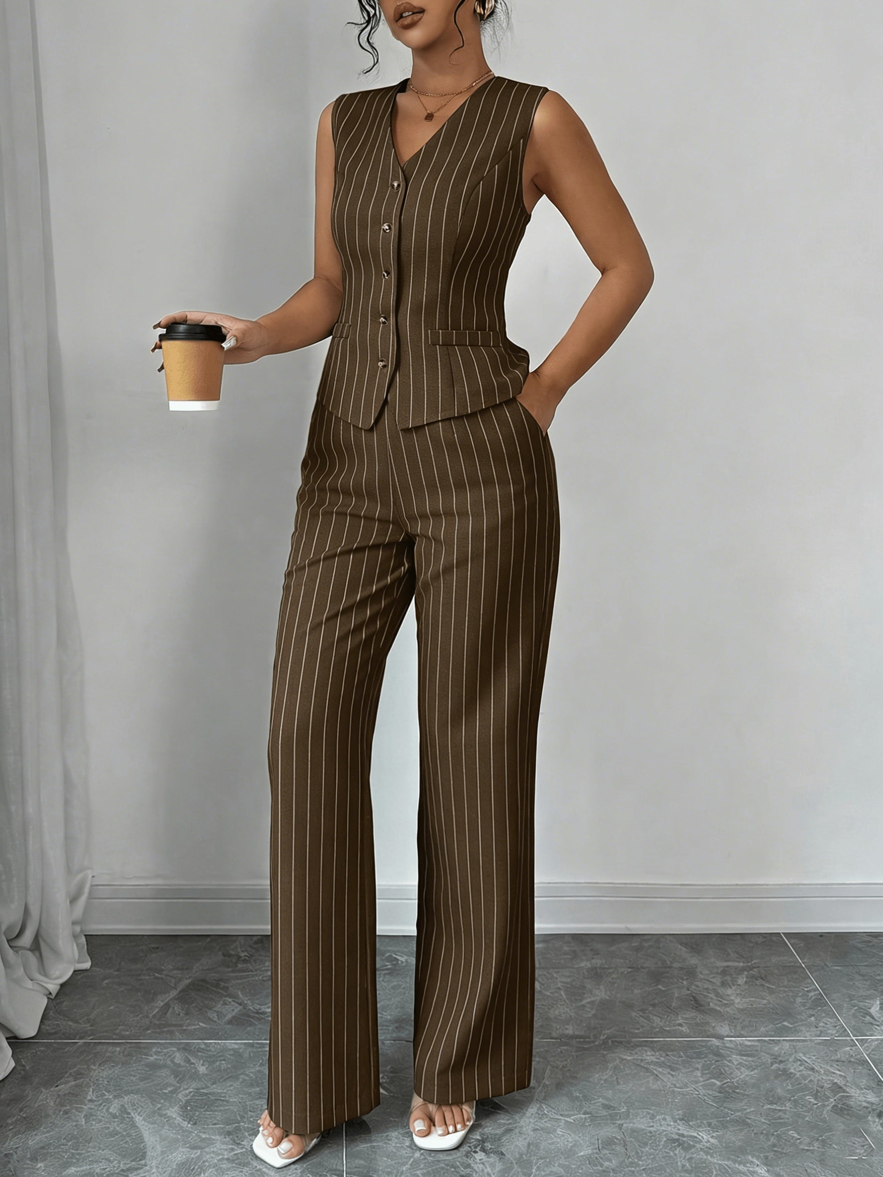 Elegant Grey Pinstripe Chino Pants Two Piece Set for Women with V Neck Button Front Vest Formal Style