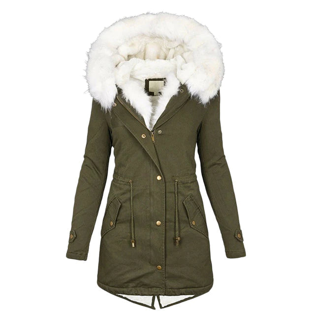 Warm Faux Fur Coat for Women with Fur Trim Hood Long Sleeve Sherpa Lined Parka Style