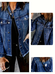 Effortless Deep Blue Distressed Jean Jacket for Women with Collar Long Sleeve Button Front Frayed Relaxed Style
