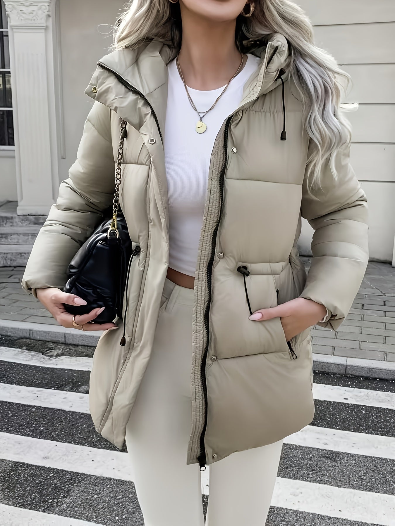 Cozy Quilted Ski Jacket for Women with Hooded Long Sleeve Drawstring Waist Zip Pocket Style