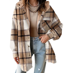 Cozy Plaid Shacket for Women with Hooded Collar Long Sleeve Flannel Button Front Oversized Style