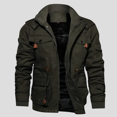 Cozy Hooded Field Jacket for Men with Drawcord Hood Long Sleeve Button Zip Cargo Pocket Style