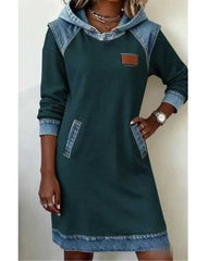 Effortless Colorblock Denim Dress for Women with Hooded Long Sleeve Raglan Pocket Casual Style