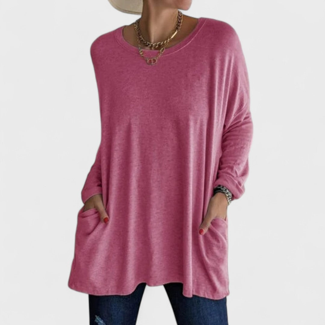 Comfortable Oversized Tunic for Women with Round Neck Long Sleeve Relaxed Pocket Casual Style