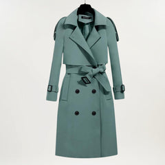Elegant Longline Winter Trench Coat for Women with Lapel Collar Long Sleeve Belted Double Breasted Style