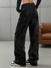 Sleek Black Leather Slacks for Women with High Waist Wide Leg Pleated Relaxed Style