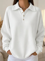 Cozy Waffle Knit Sweater for Women with Polo Collar Long Sleeve Button Front Oversized Style