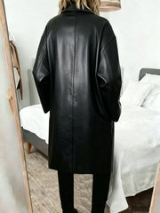 Effortless Black Faux Leather Trench Coat for Women with Notched Lapel Long Sleeve Oversized Double Breasted Style