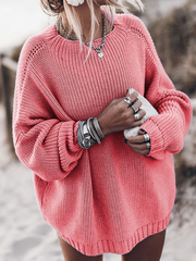 Comfortable Crewneck Sweater for Women with Round Neck Balloon Sleeve Ribbed Cuff Oversized Knit Style