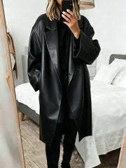 Effortless Black Faux Leather Trench Coat for Women with Notched Lapel Long Sleeve Oversized Double Breasted Style