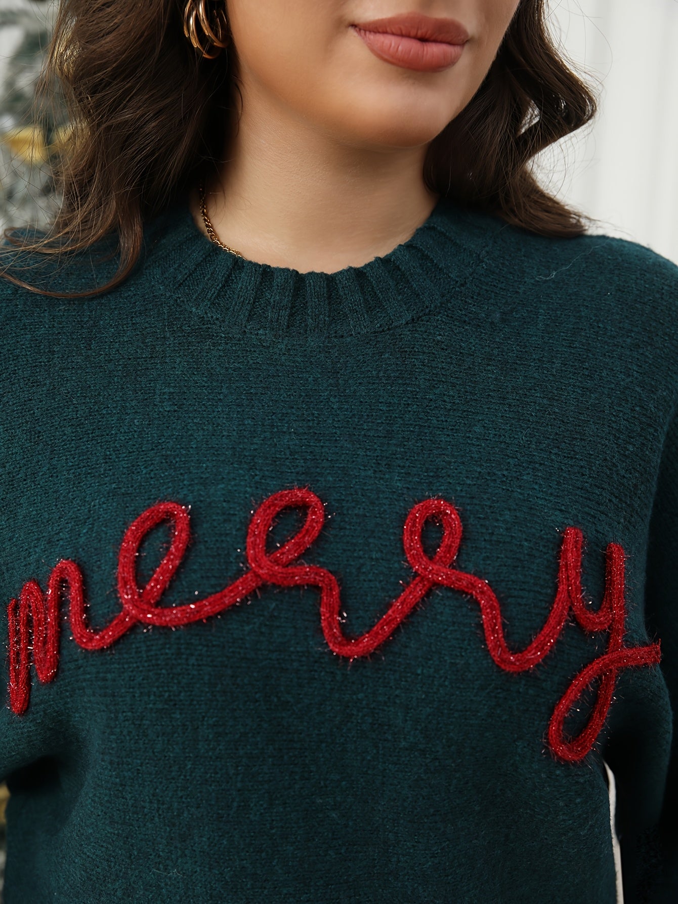 Cozy Green Merry Letter Christmas Tacky Sweater for Women with Crew Neck Long Sleeve Knit Pullover Holiday Style