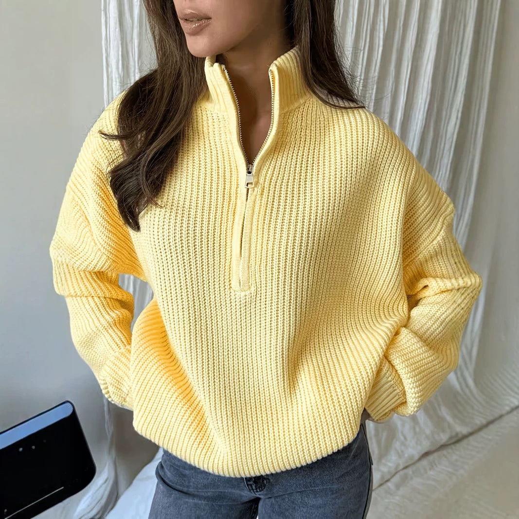 Cozy Ribbed Quarter-Zip Knit Sweater for Women with Stand Collar Long Sleeve Drop Shoulder Pullover Style