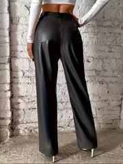 Elegant Black Faux Leather Slacks for Women with High Waist Pintuck Wide Leg Relaxed Style