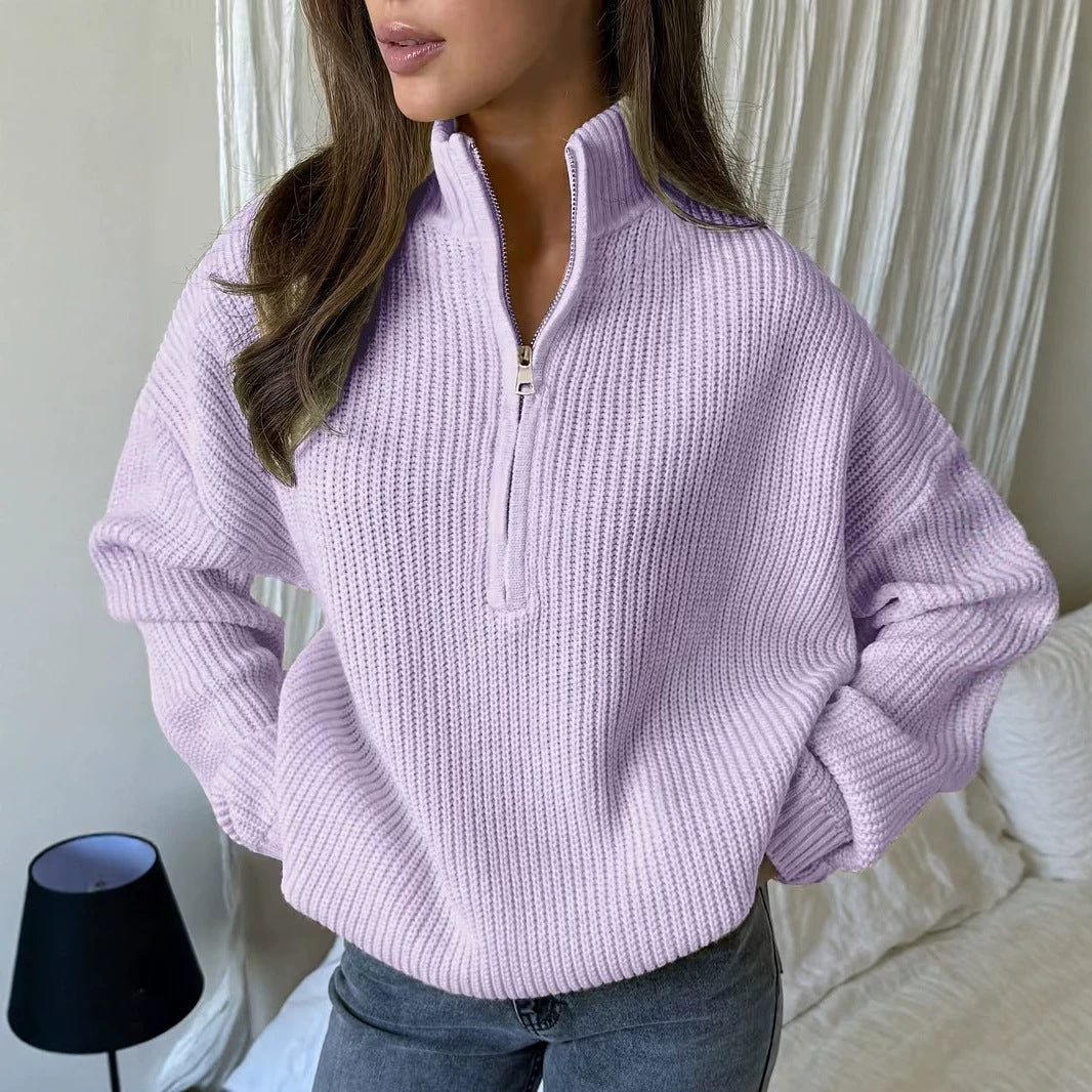 Cozy Ribbed Quarter-Zip Knit Sweater for Women with Stand Collar Long Sleeve Drop Shoulder Pullover Style