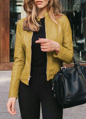 Elegant Faux Leather Moto Jacket for Women with Stand Collar Long Sleeve Zip Front Fitted Style