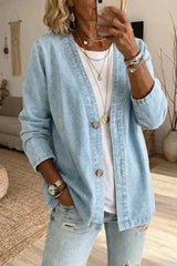 Effortless Washed Denim Cardigan for Women with Open Front Long Sleeve Button Relaxed Style