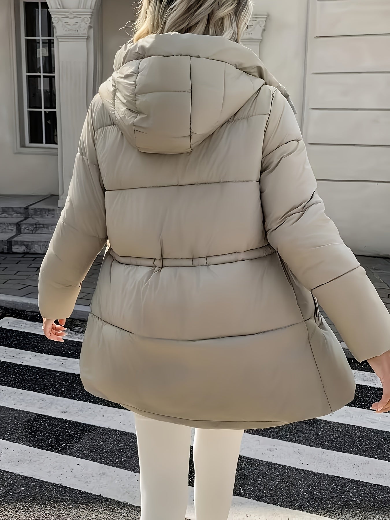 Cozy Quilted Ski Jacket for Women with Hooded Long Sleeve Drawstring Waist Zip Pocket Style