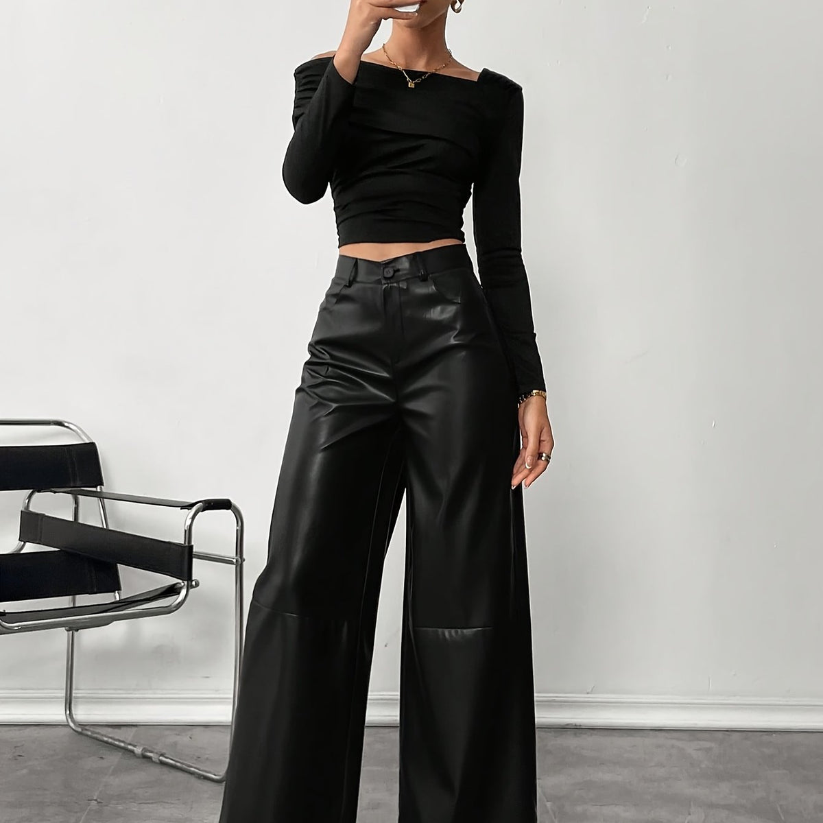 Chic Black Faux Leather Slacks for Women with High Waist Wide Leg Tailored Trouser Style