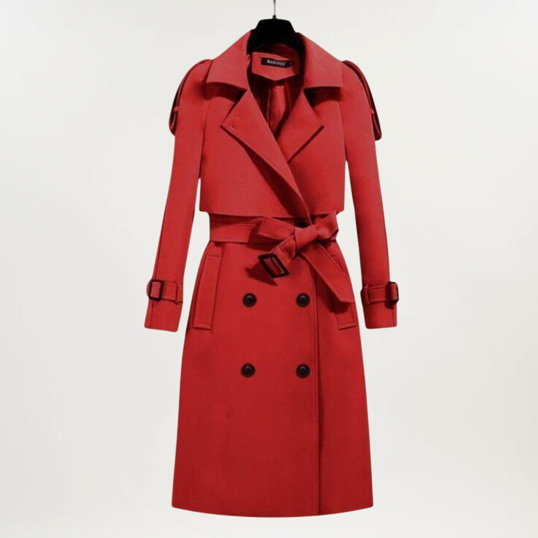 Elegant Longline Winter Trench Coat for Women with Lapel Collar Long Sleeve Belted Double Breasted Style