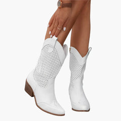 Stylish Perforated Leather Women's Boots for Women with Pointed Toe Block Heel Western Cowboy Style