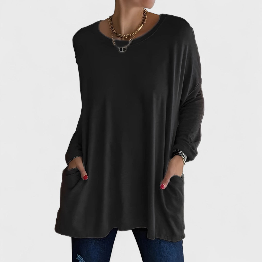 Comfortable Oversized Tunic for Women with Round Neck Long Sleeve Relaxed Pocket Casual Style