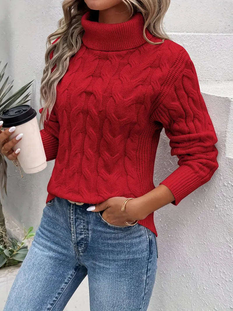 Cozy Cable Knit Sweater for Women with Turtleneck Long Sleeve Ribbed Relaxed Pullover Style
