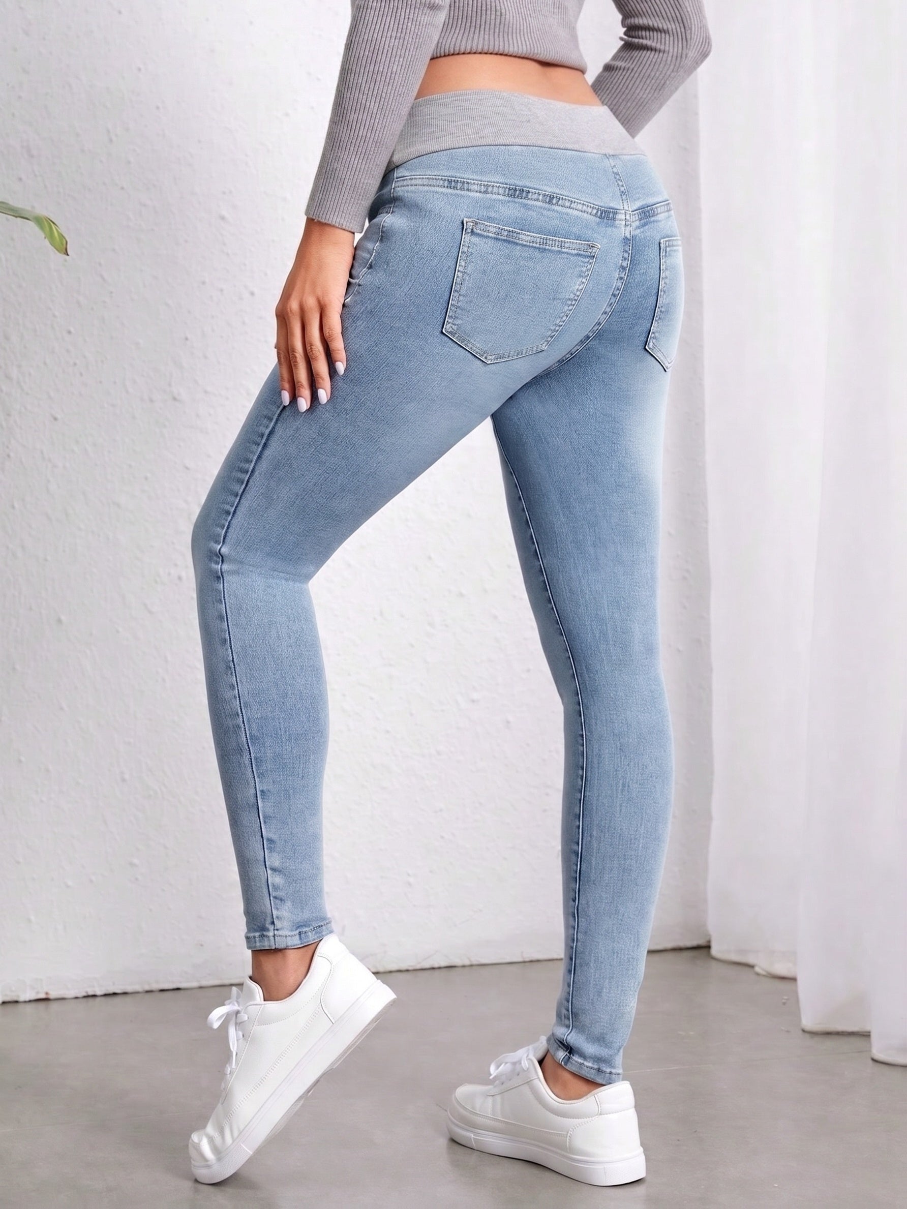 Comfortable Light Blue Maternity Jeans for Women with Elastic Belly Panel Skinny Fit Relaxed Style