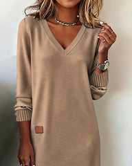 Comfortable Knit Sweater Dress for Women with V Neck Long Sleeve Striped Cuff Relaxed Style