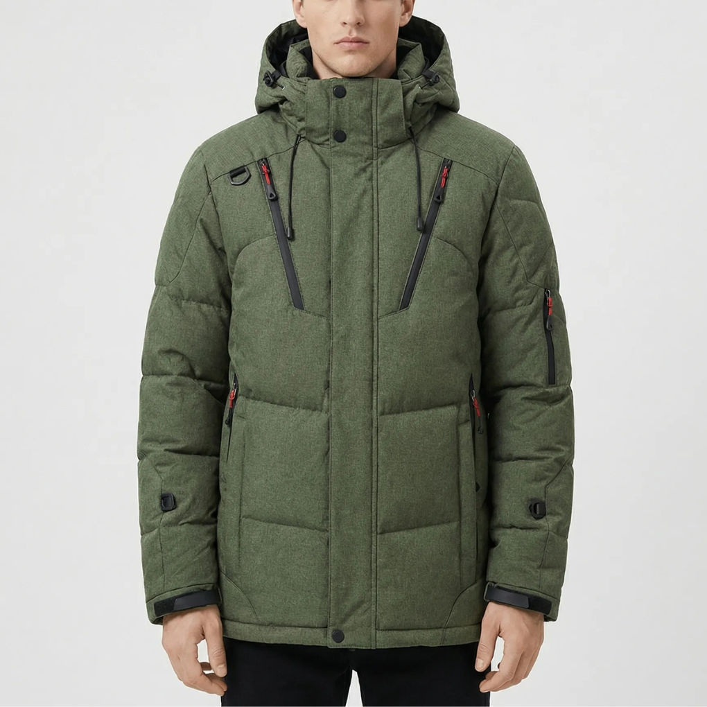 Cozy Puffer Jacket for Men with Hooded Collar Long Sleeve Zip Up Quilted Padded Winter Style