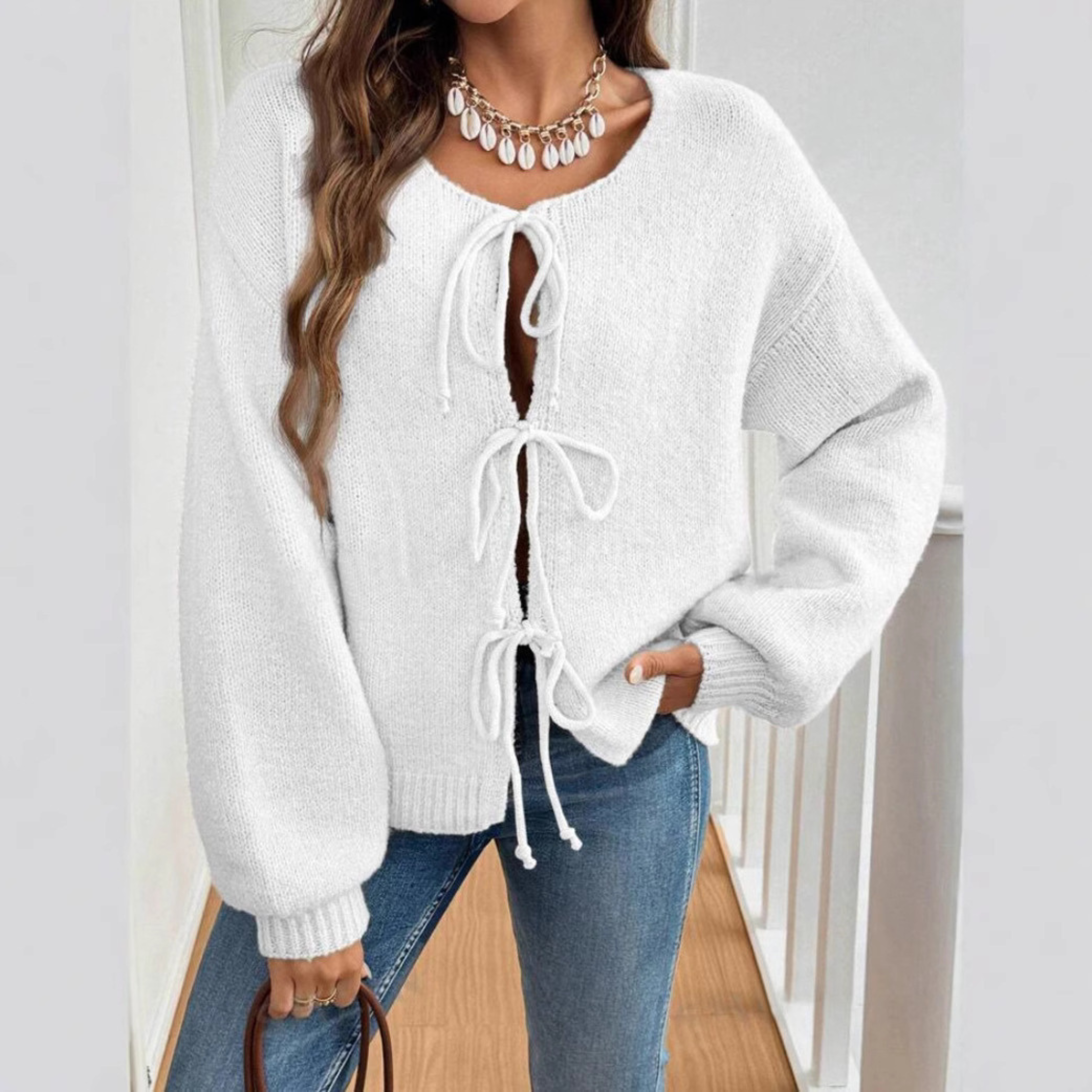 Cozy Knit Cardigan for Women with Round Neck Long Sleeve Tie Front Relaxed Style