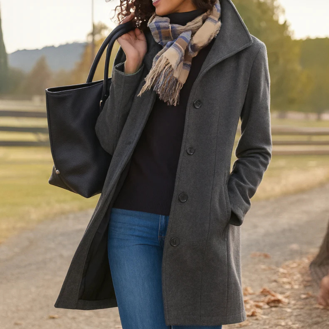 Elegant Wool Winter Coat for Women with Notch Collar Long Sleeve Button Front Tailored Style