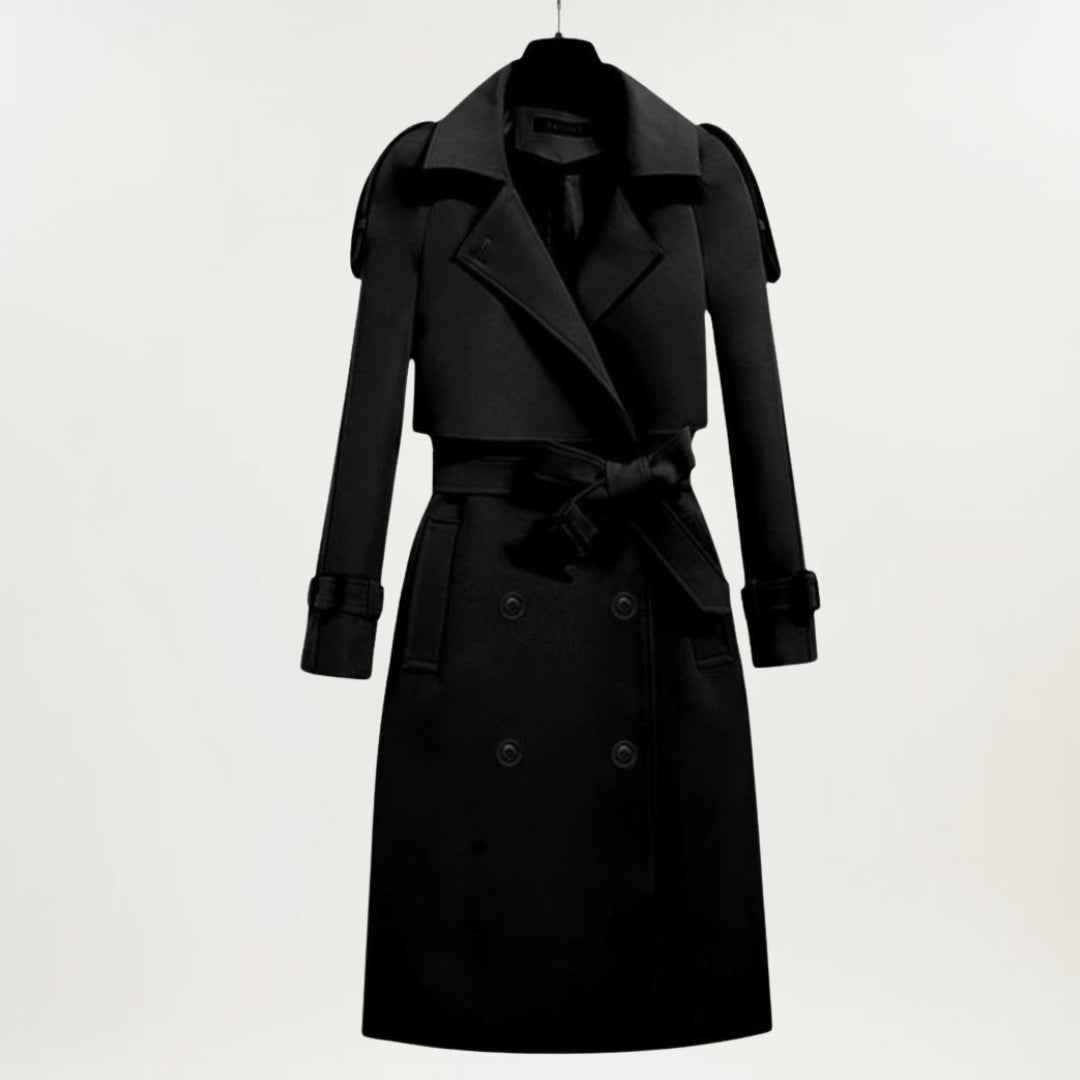 Elegant Longline Winter Trench Coat for Women with Lapel Collar Long Sleeve Belted Double Breasted Style