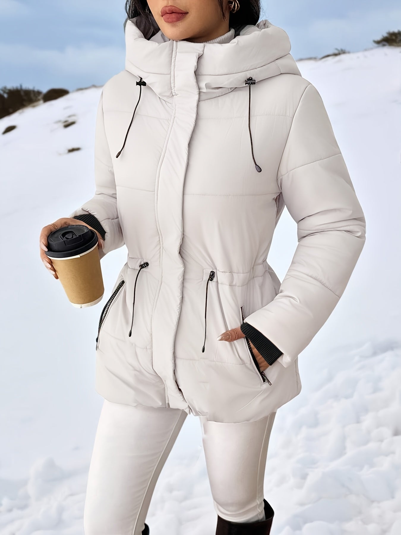 Cozy Quilted Ski Jacket for Women with Hooded Long Sleeve Drawstring Waist Zip Pocket Style