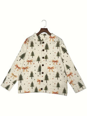 Comfortable Bow Print Christmas Sweater for Women with V Neck Long Sleeve Button Front Relaxed Knit Style
