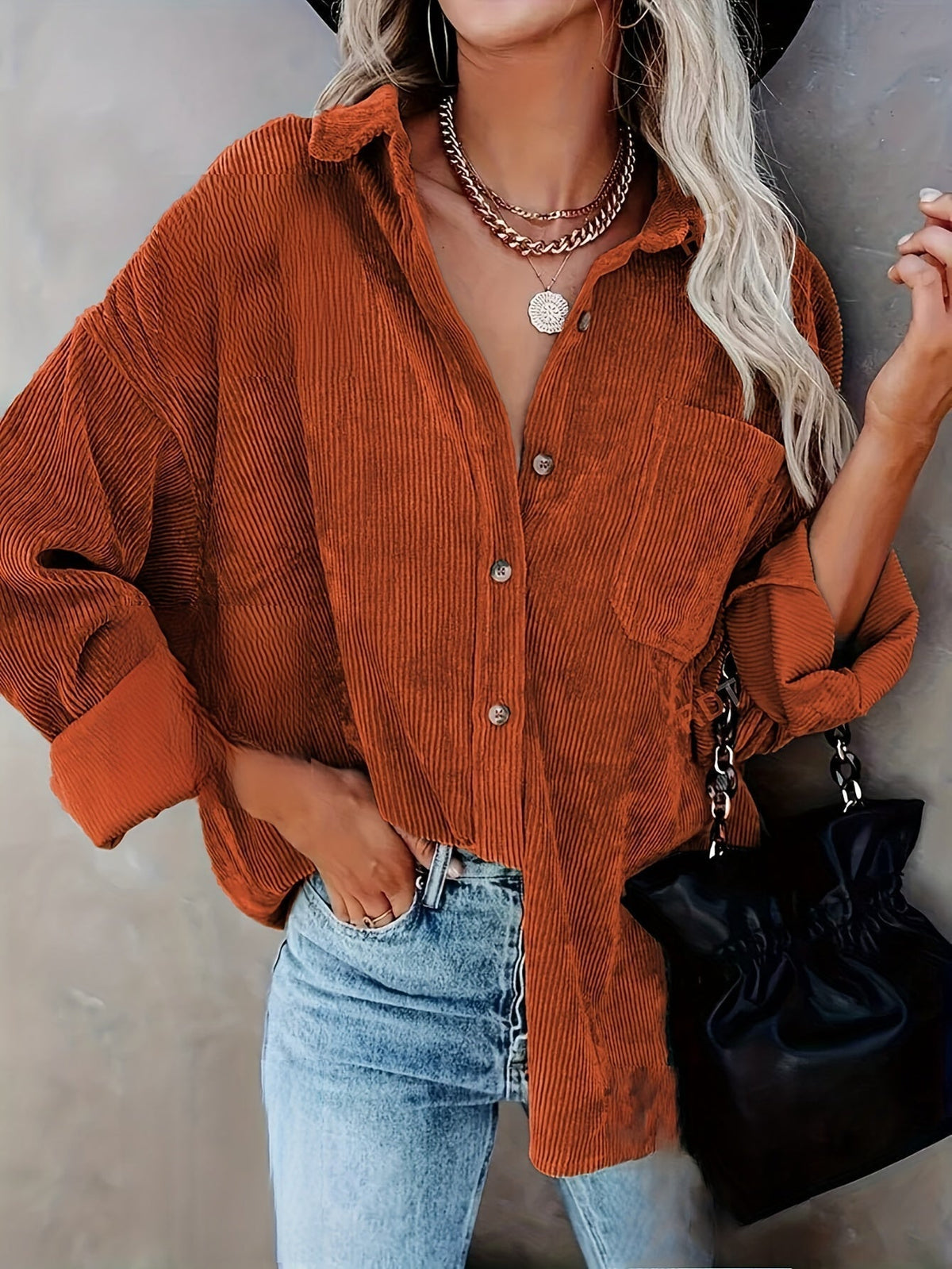 Effortless Corduroy Long Sleeve Shirt for Women with Collar Button Front Oversized Relaxed Casual Style