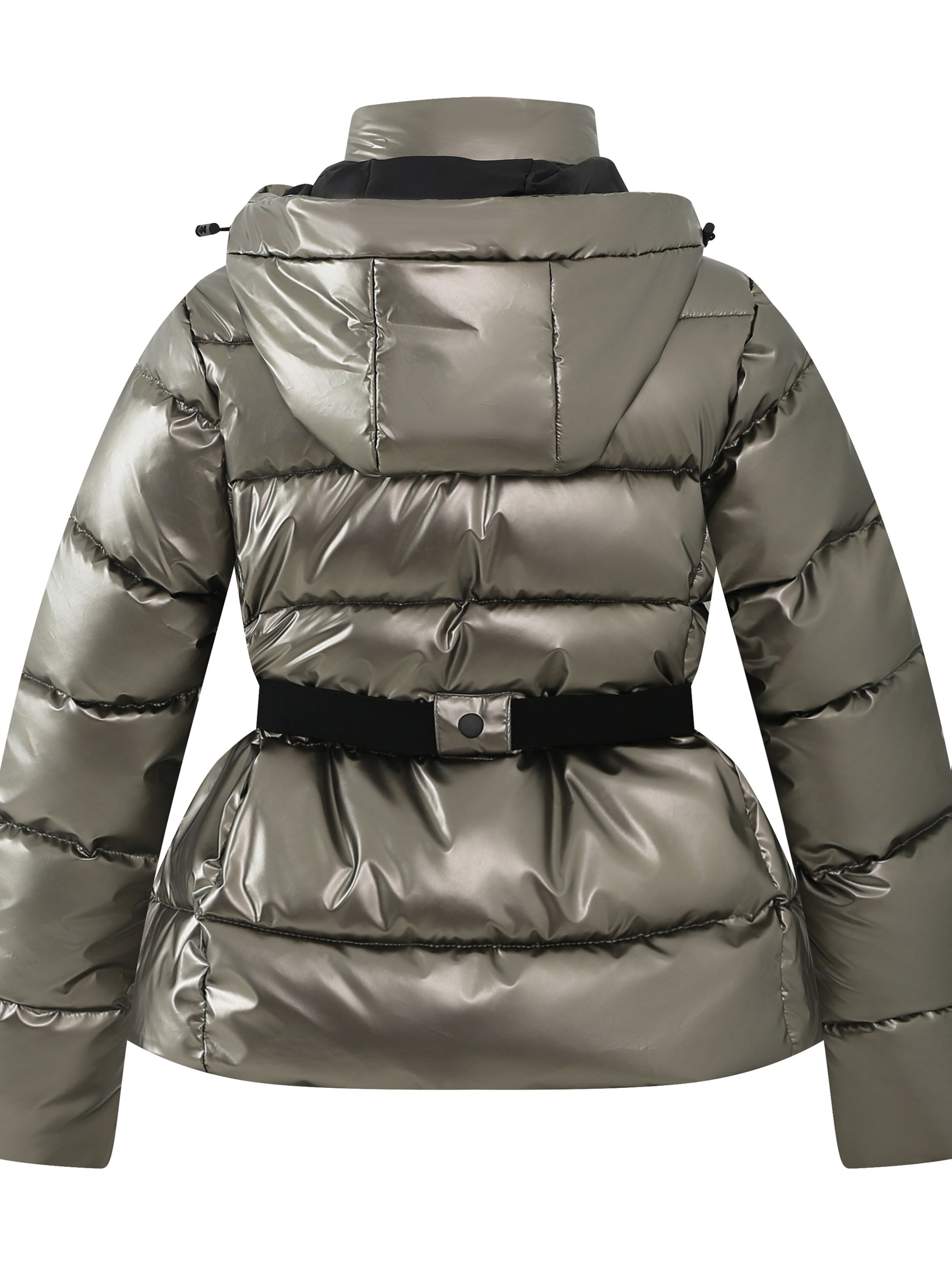 Sleek Metallic Puffer Ski Jacket for Women with Hooded Collar Long Sleeve Belted Zip Pocket Casual Style