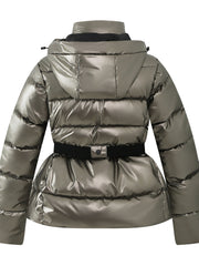 Sleek Metallic Puffer Ski Jacket for Women with Hooded Collar Long Sleeve Belted Zip Pocket Casual Style