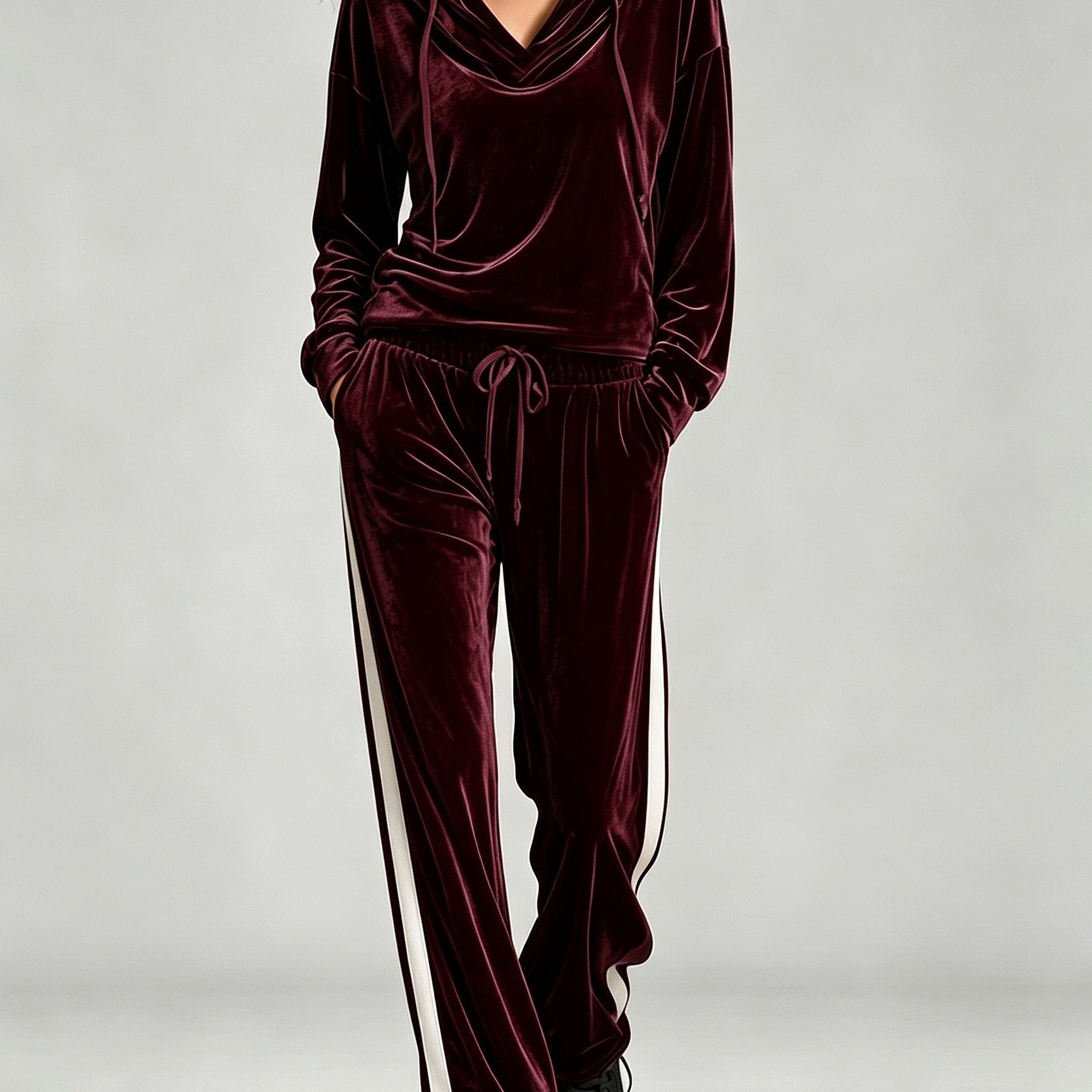 Cozy Velvet Sweatsuit for Women with Cowl Neck Long Sleeve Drawstring Side Stripe Relaxed Style