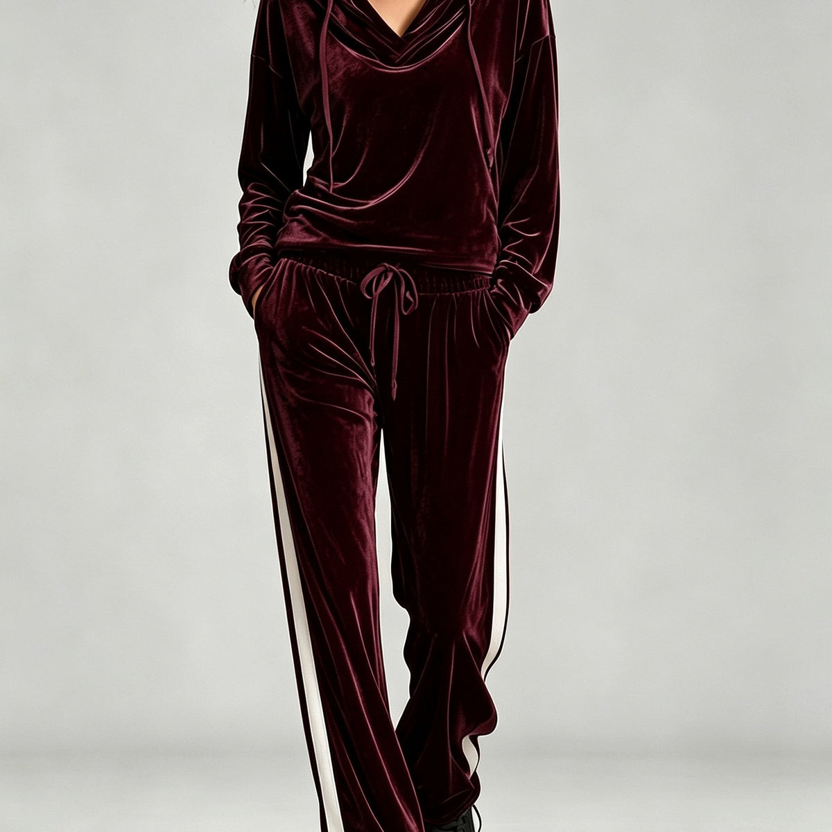Cozy Velvet Sweatsuit for Women with Cowl Neck Long Sleeve Drawstring Side Stripe Relaxed Style