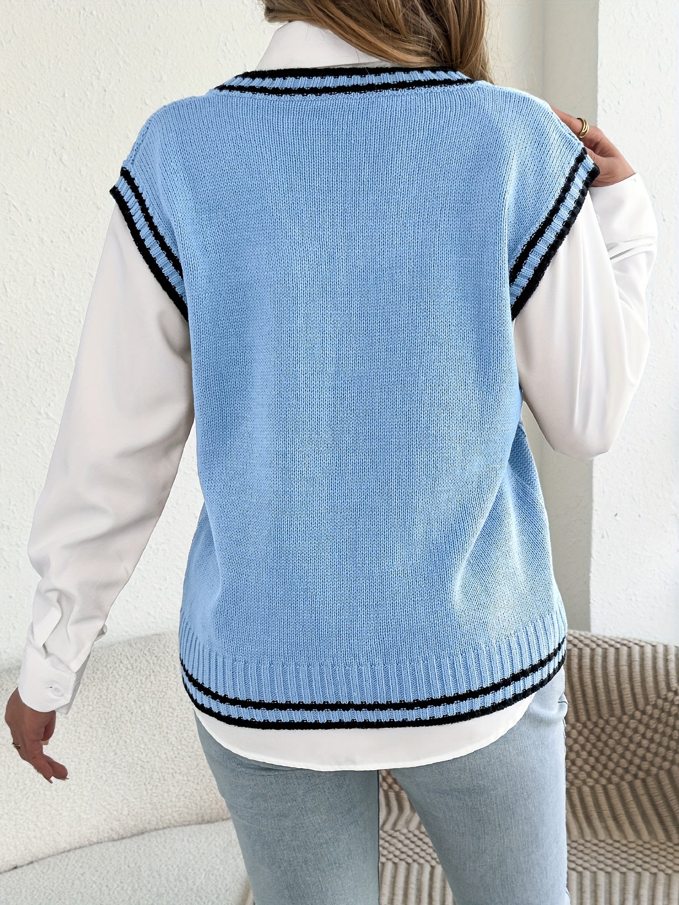 Chic Cable Knit Sweater Vest for Women with V Neck Sleeveless Varsity Stripe College Style