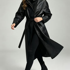 Effortless Black Faux Leather Trench Coat for Women with Stand Collar Long Sleeve Tie Belt Relaxed Style